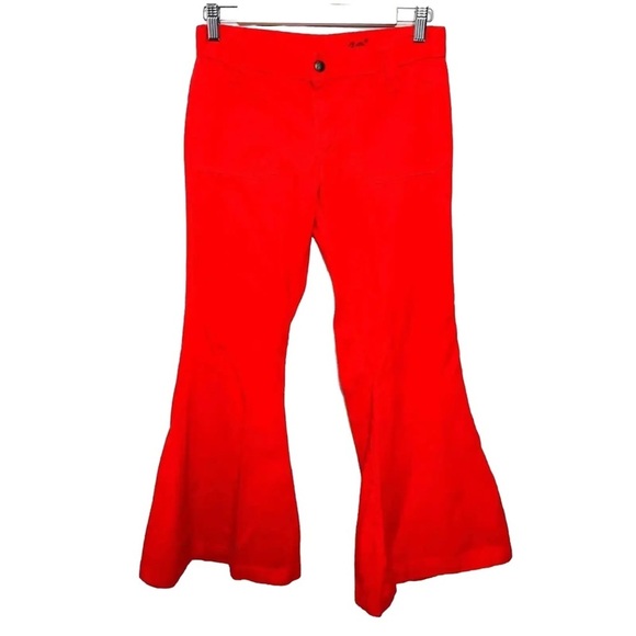 Vintage 70s red denim low rise wide leg flare disco retro bell bottom jeans 30 - Picture 2 of 10